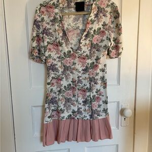 Floral V-Neck Dress with Pink Hem